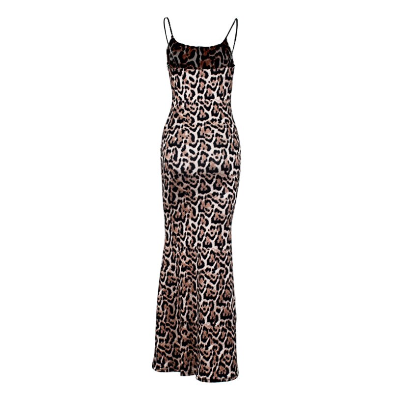 back view of a leopard print maxi dress