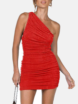 woman wearing a red one-shoulder ruched mini dress