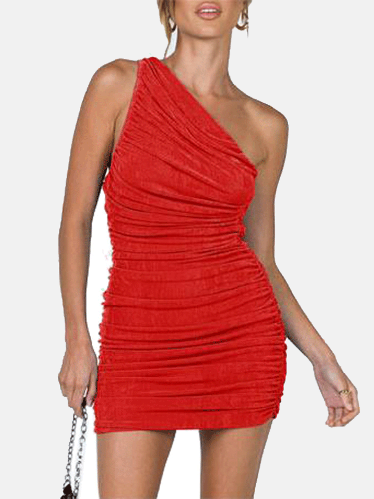 woman wearing a red one-shoulder ruched mini dress