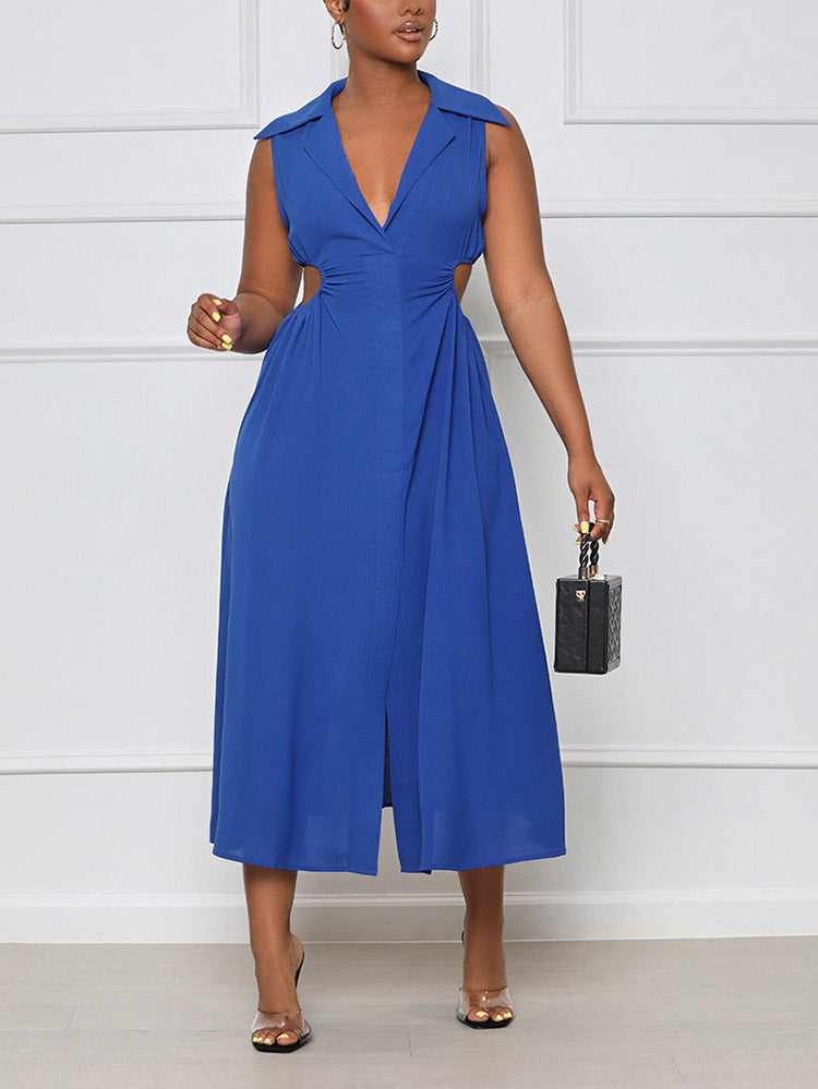 woman holding a black handbag while wearing a royal blue sleeveless midi dress with cut-out sides and a collared v-neckline