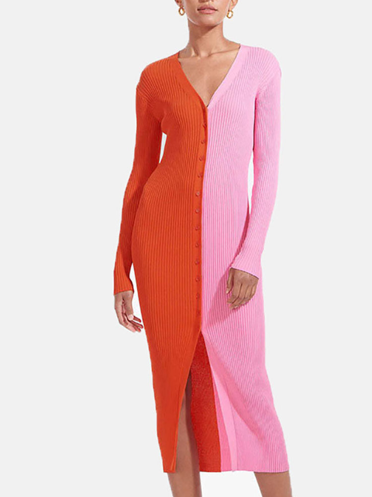 Color block sweater dress with button front - View 7 | Lwiis
