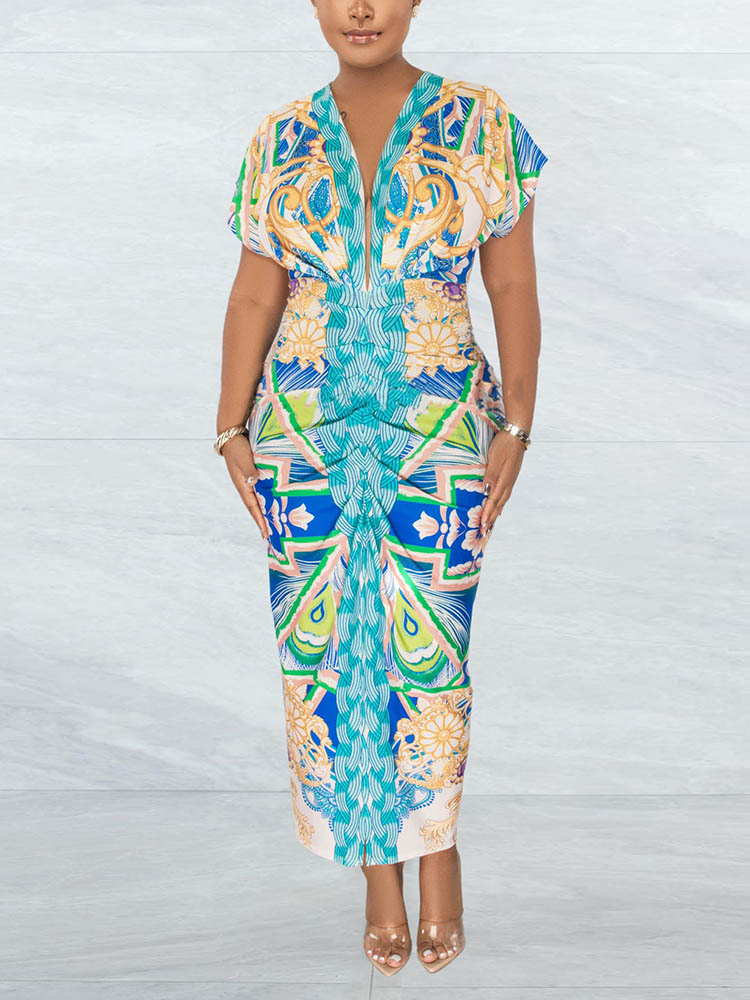 Abstract print ruched midi dress - View 9 | Lwiis