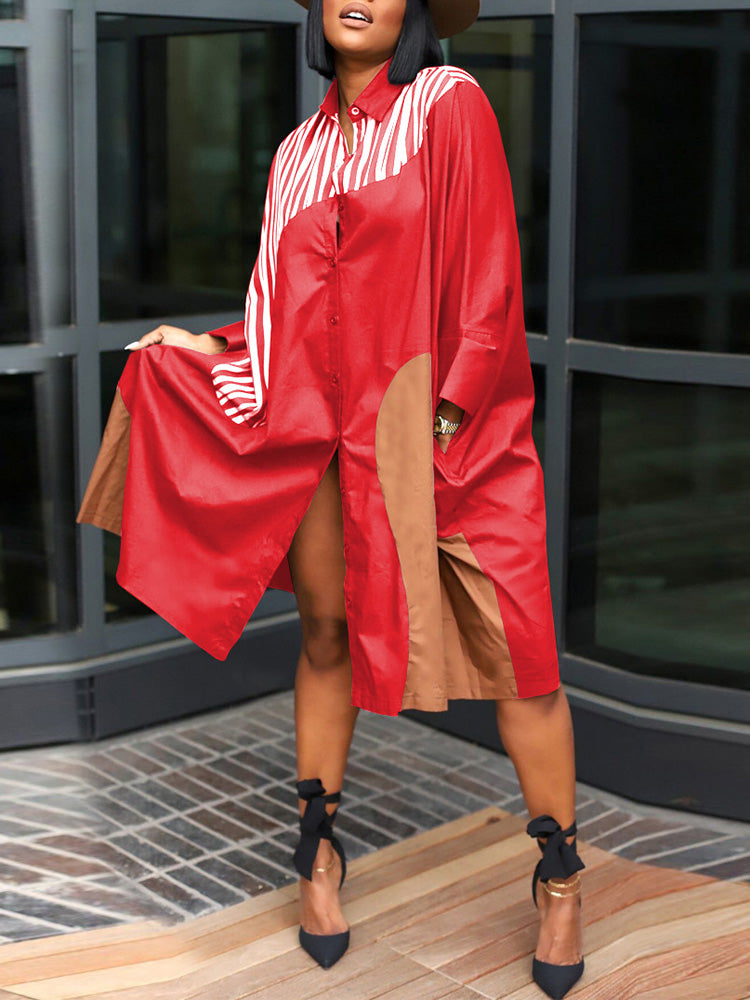 woman wearing a red and brown color block midi shirt dress with white stripes