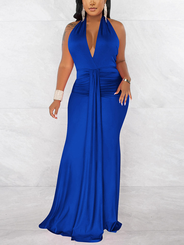 Elegant halter neck ruched maxi dress - View 7 | Lwiis