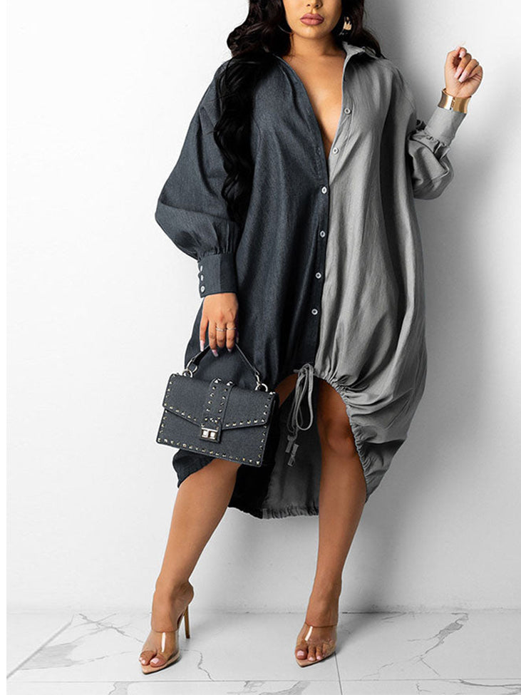 Turndown Collar Patchwork Shirt Dress - View 9 | Lwiis