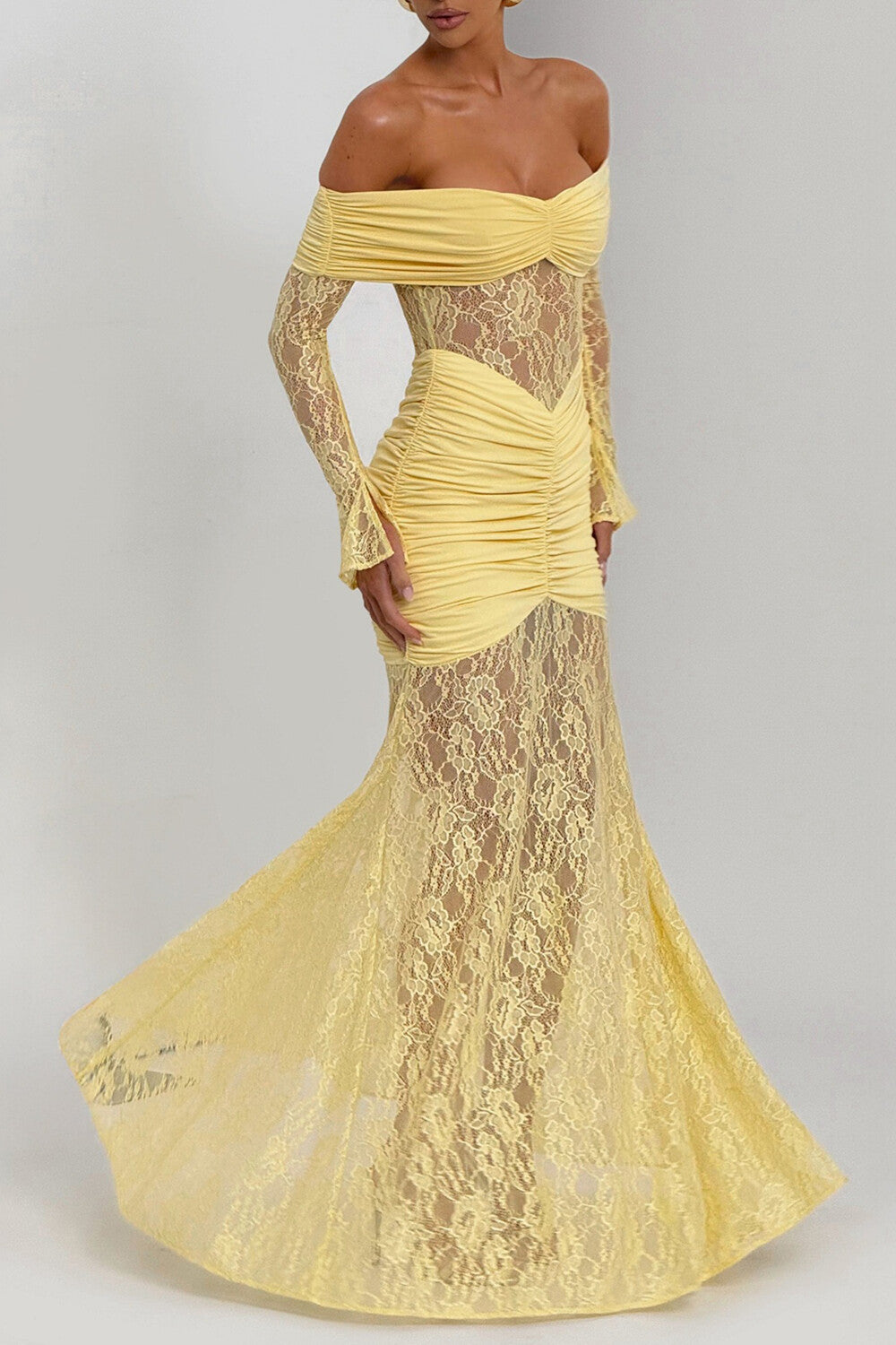 Off Shoulder Lace Patchwork Ruched Maxi Dress - View 9 | Lwiis