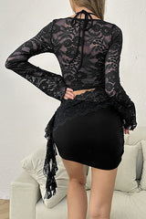 Jacquard Lace Flare Sleeve Halter Mini Dress - View 6 | Lwiis