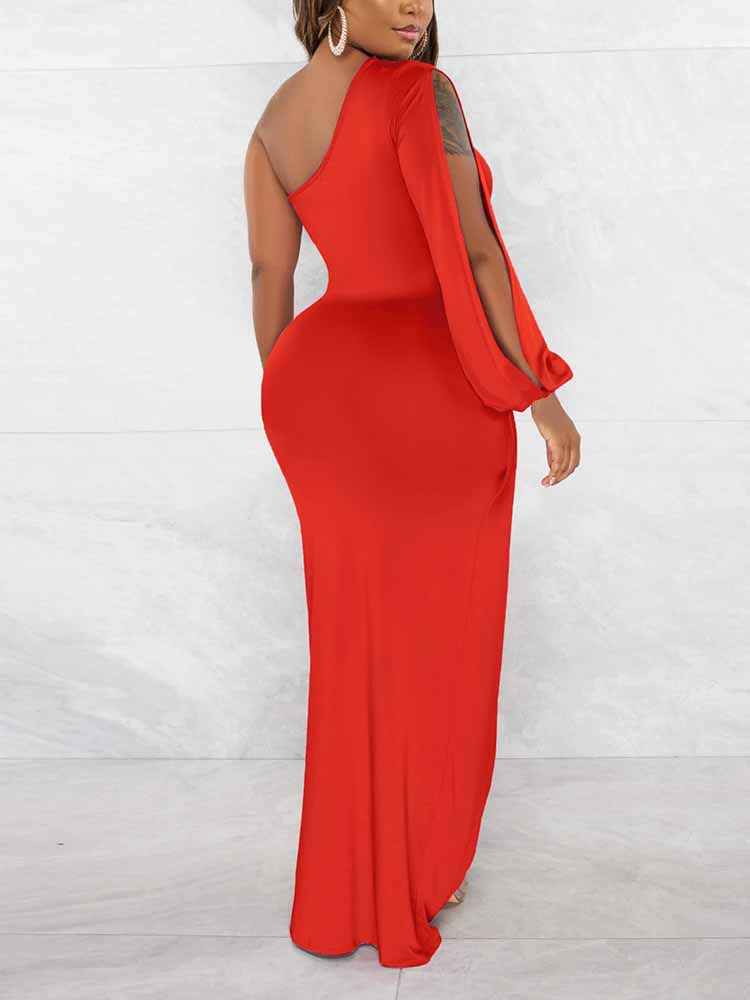 One Shoulder Maxi Dress with Slit - View 9 | Lwiis