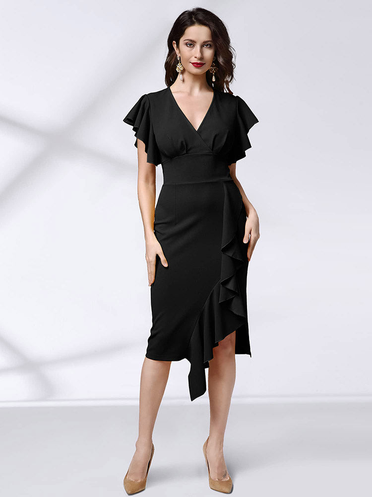 full body shot of a woman in a black sheath dress with ruffle detail