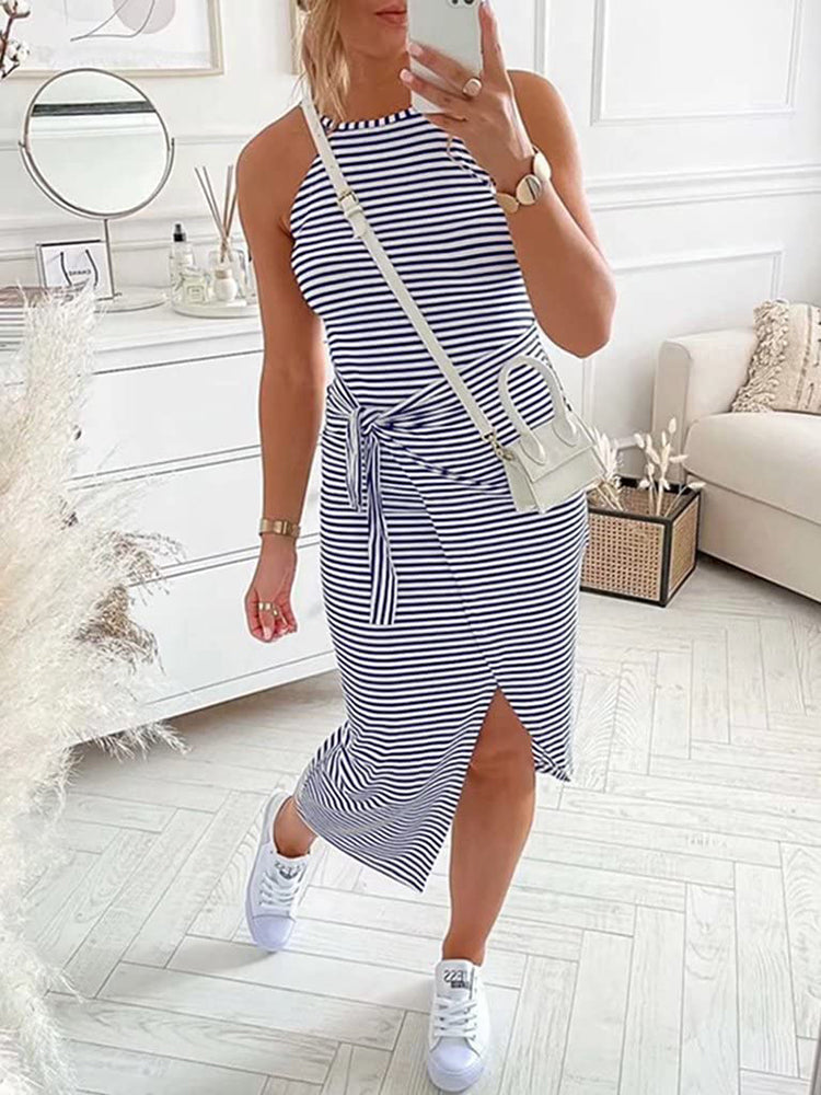 Striped halter neck midi dress - View 7 | Lwiis
