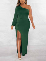 One Shoulder Maxi Dress with Slit - View 11 | Lwiis