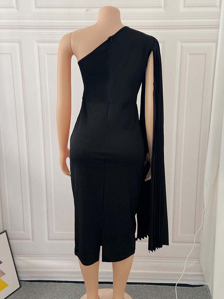 Back view of a black one-shoulder dress with a pleated sleeve on a mannequin