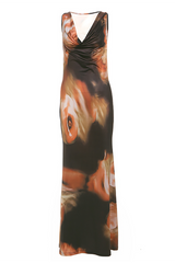 A sleeveless, floor-length dress with a cowl neckline and an abstract brown, orange, and white print, laid flat against a white background.