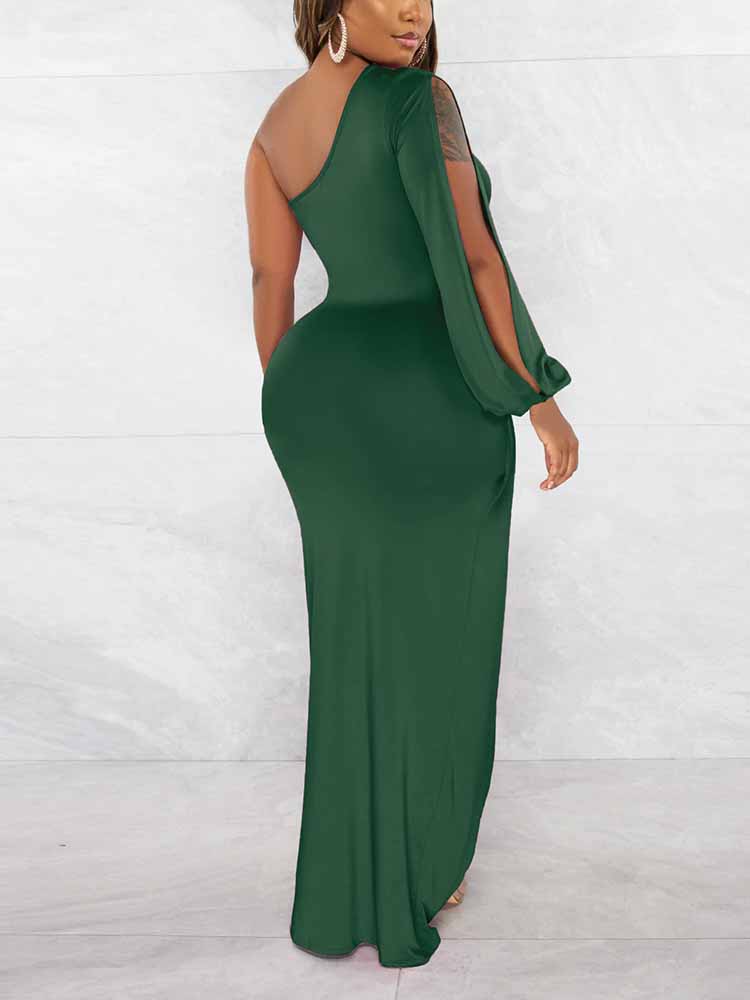 One Shoulder Ruched Split Maxi Dress - View 6 | Lwiis