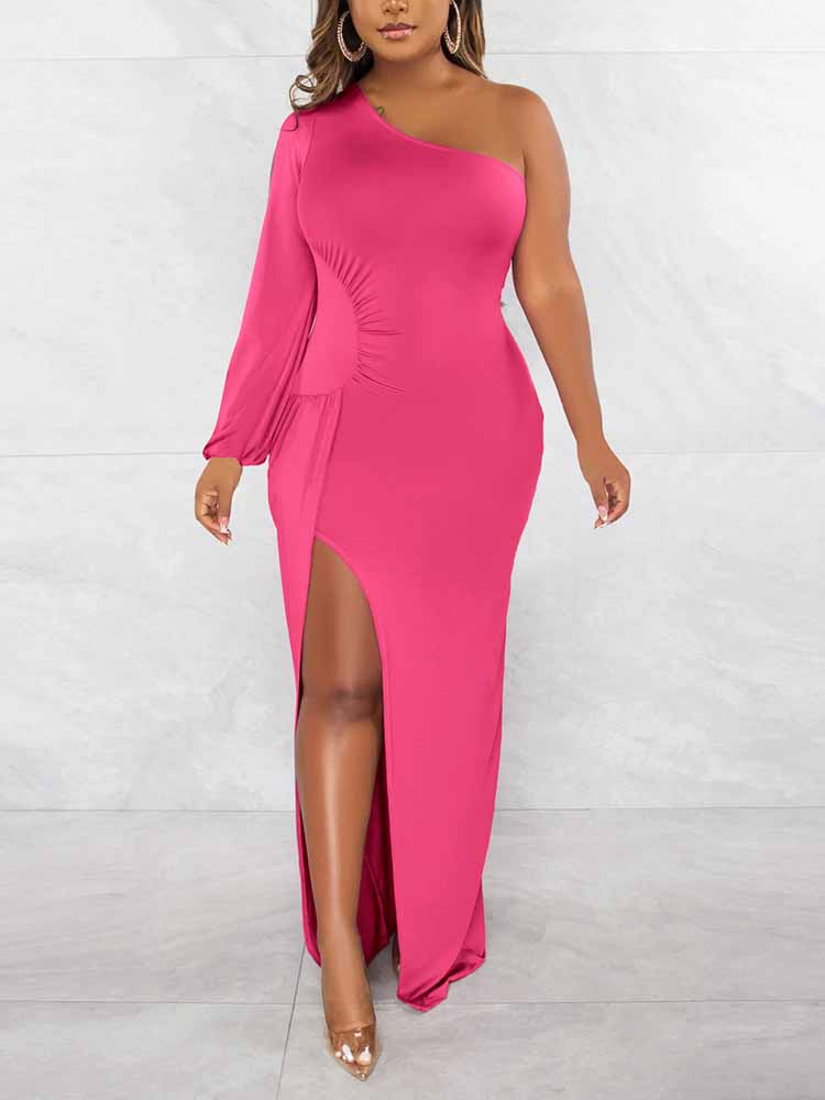 One Shoulder Ruched Split Maxi Dress - View 7 | Lwiis