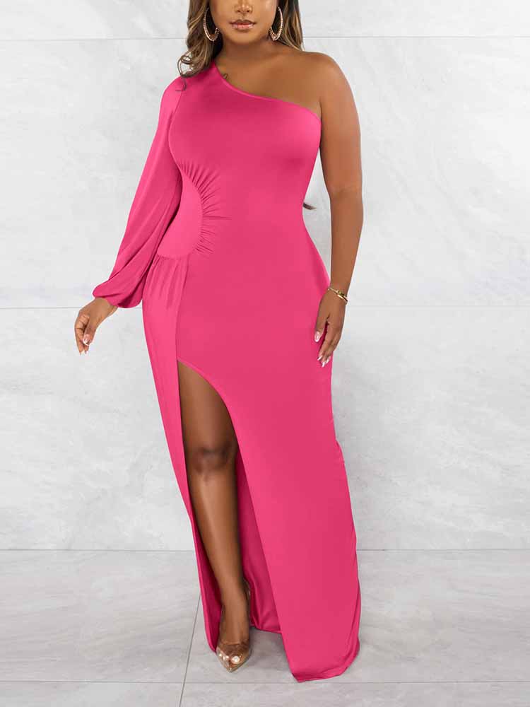 One Shoulder Ruched Split Maxi Dress - View 8 | Lwiis