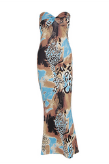 Blue leopard print strapless mermaid maxi dress with sweetheart neckline - View 6 | Lwiis