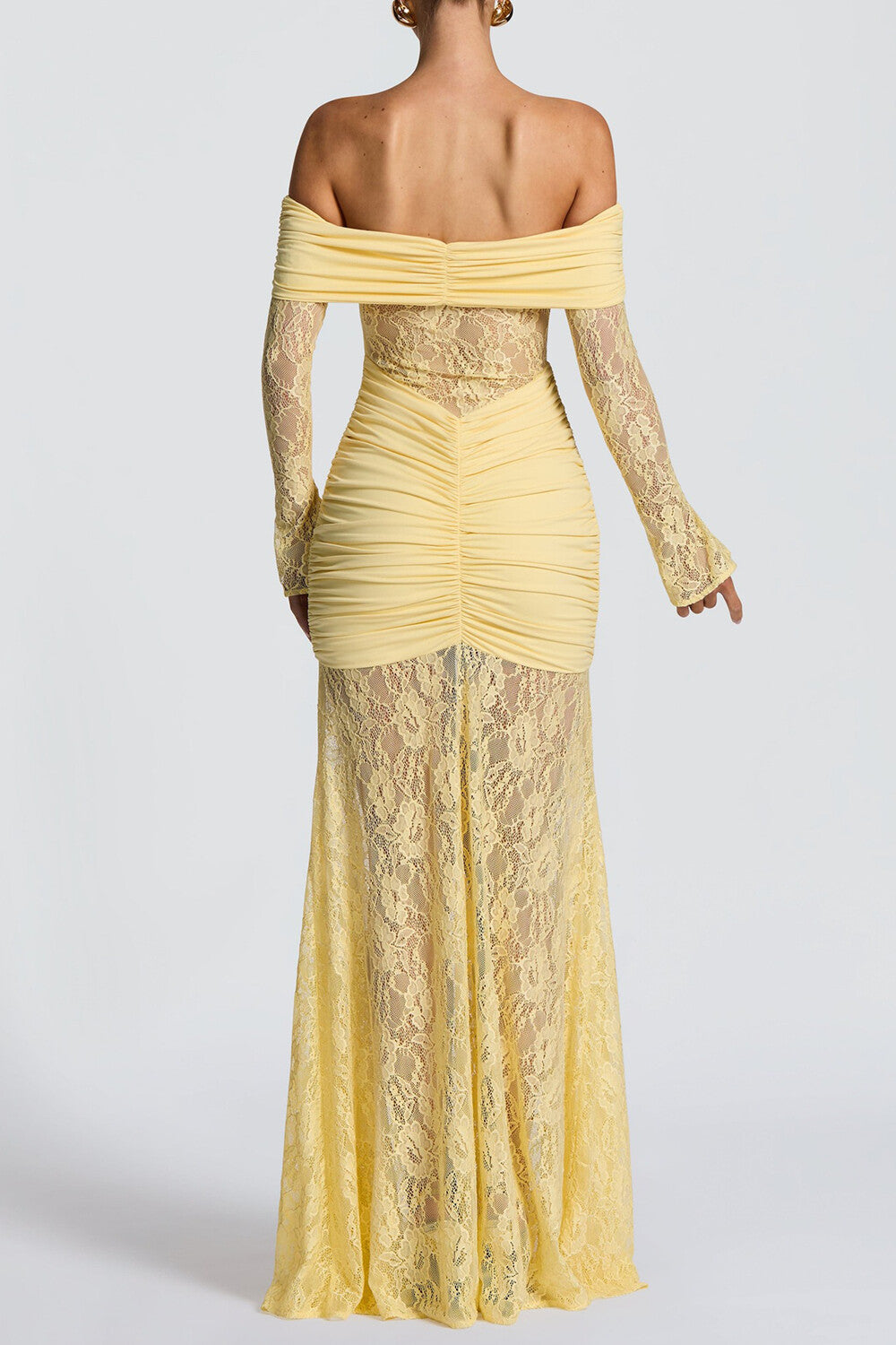 Off Shoulder Lace Patchwork Ruched Maxi Dress - View 7 | Lwiis