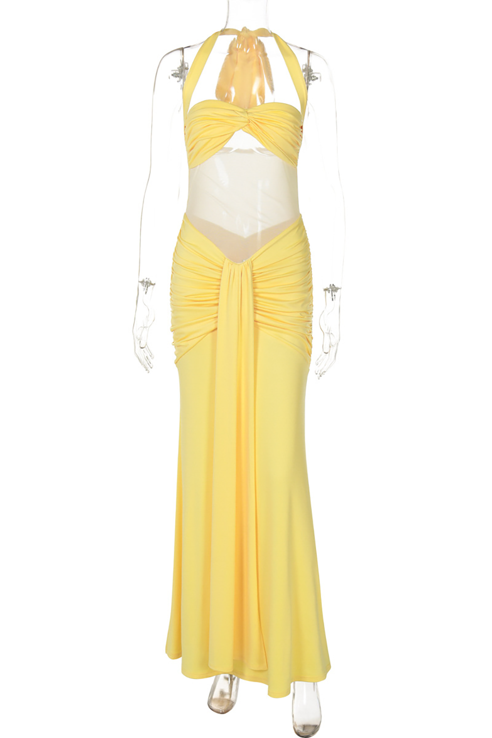 Yellow halter neck ruched maxi dress - View 6 | Lwiis