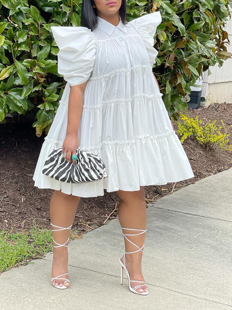 Puff sleeve collared mini dress - View 7 | Lwiis