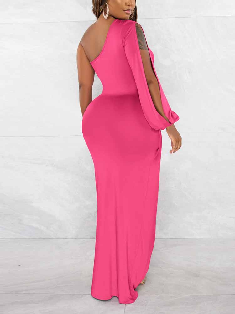 One Shoulder Ruched Split Maxi Dress - View 9 | Lwiis