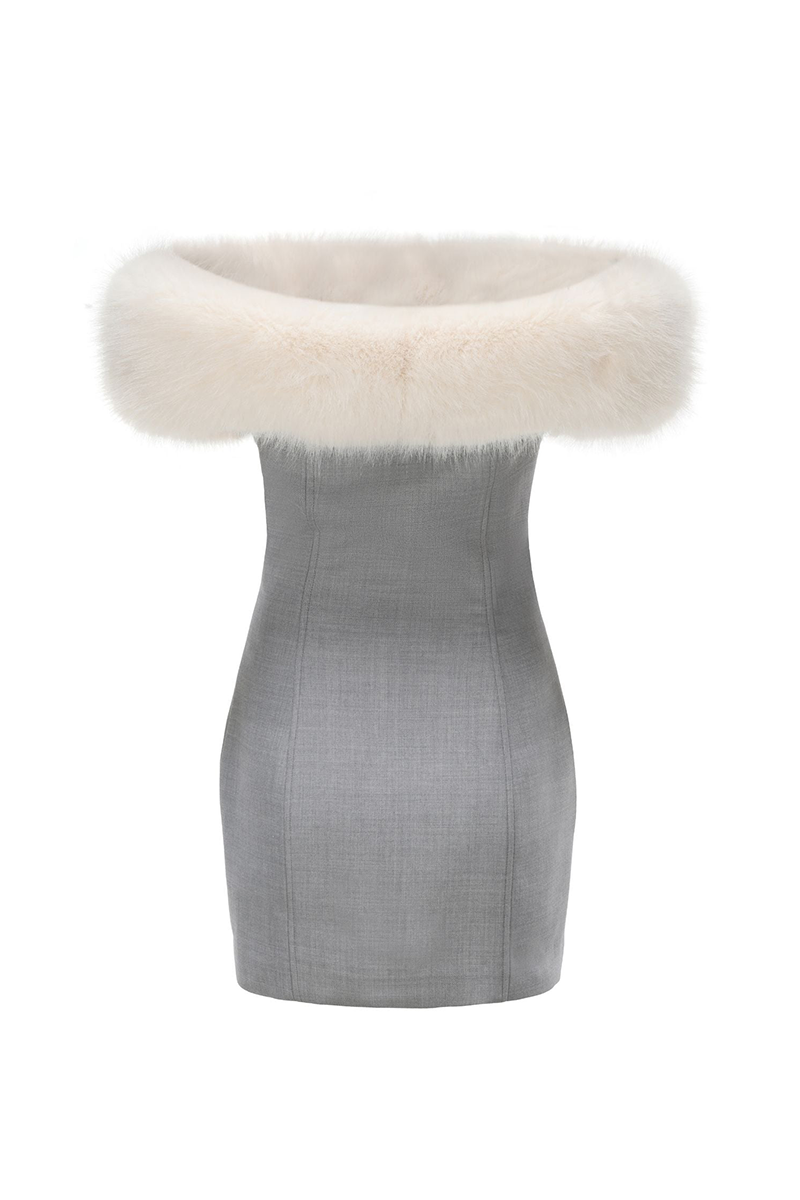 Off Shoulder Mini Dress with Faux Fur Trim - View 8 | Lwiis