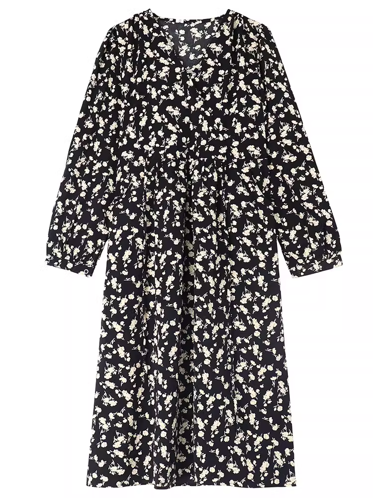 Black midi dress with a white floral print and long sleeves