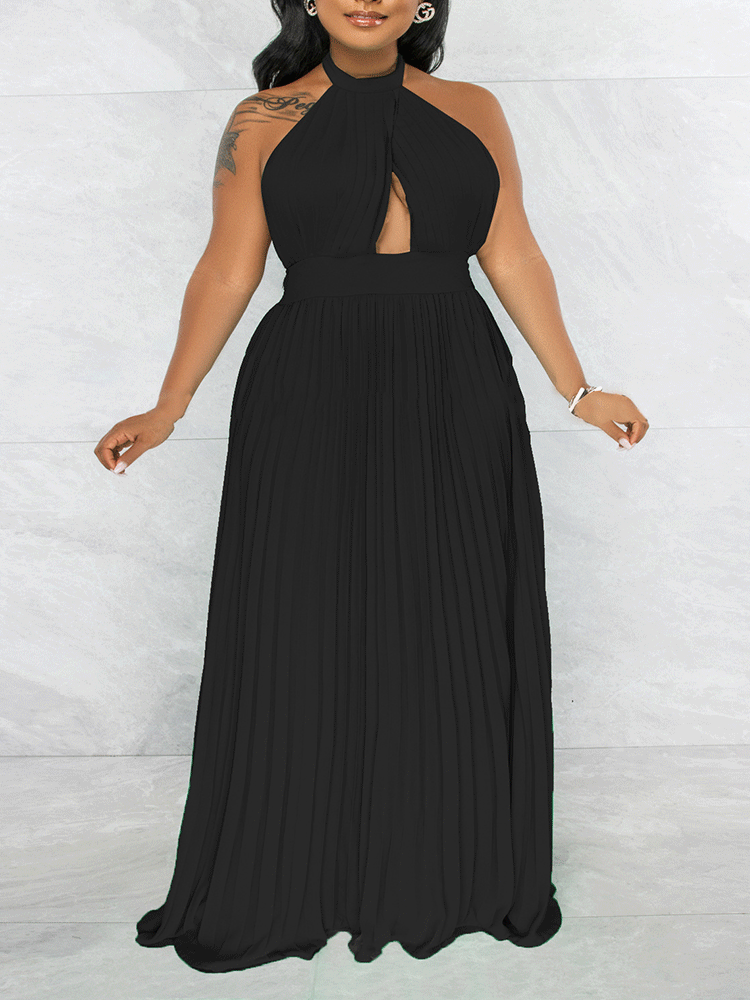 Woman wearing a black halter neck maxi dress with a keyhole cutout and pleated skirt, front view.