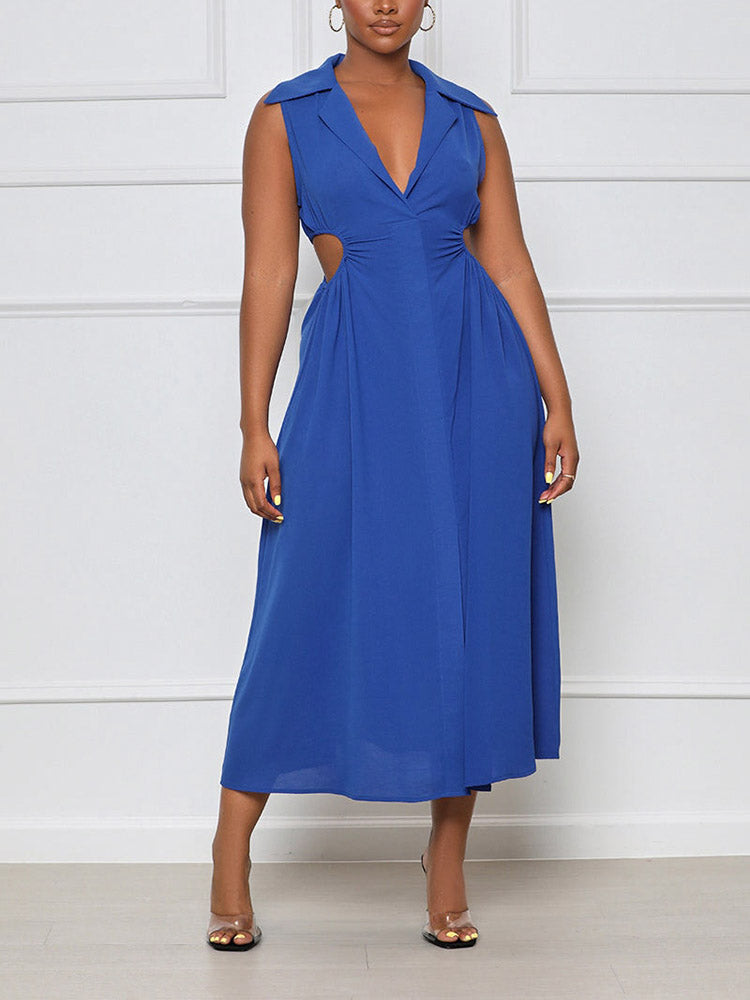 woman wearing a royal blue sleeveless midi dress with cut-out sides and a collared v-neckline