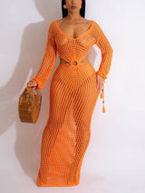 Crochet maxi dress with V-neckline and tassel accents - View 7 | Lwiis