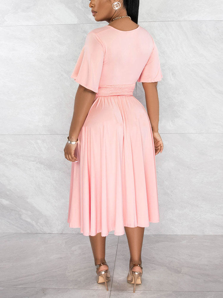 Green midi dress with V-neck and flutter sleeves - View 6 | Lwiis
