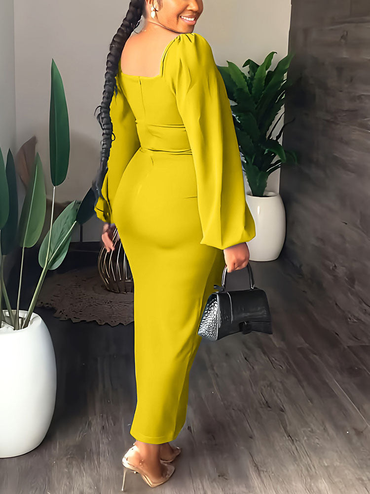Elegant maxi dress with puff sleeves and square neckline in crepe fabric - View 9 | Lwiis
