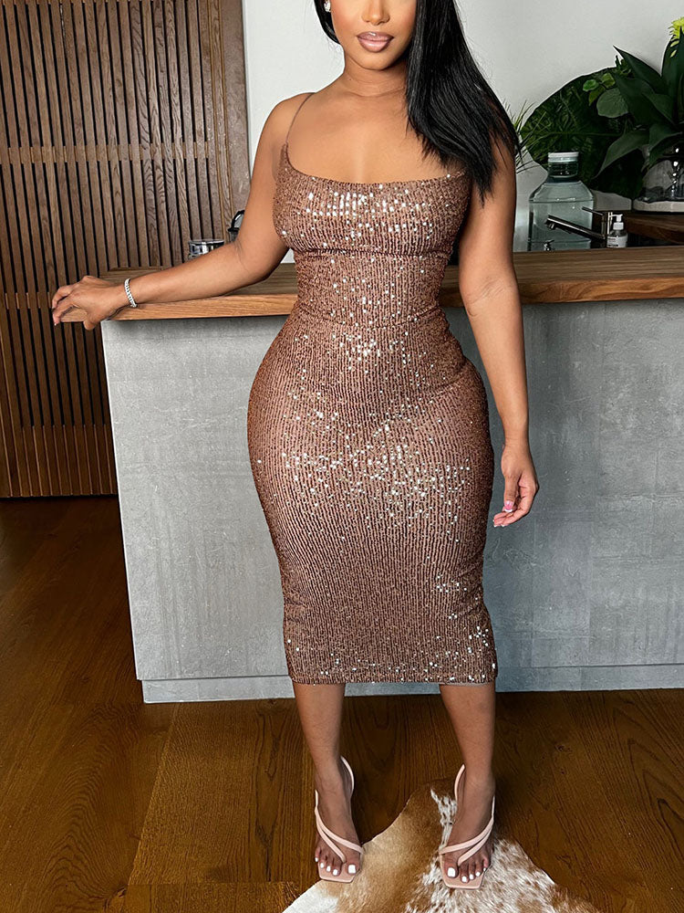 Sequined midi dress with spaghetti straps and lace-up back - View 7 | Lwiis