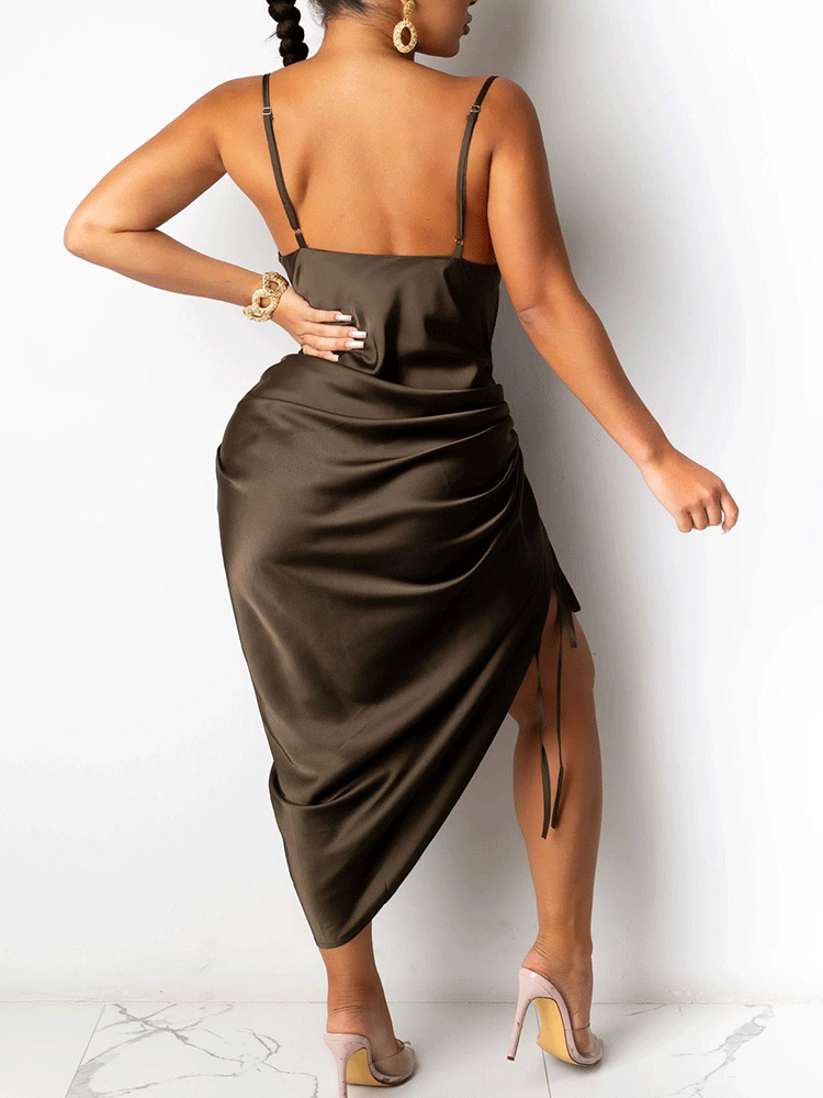 Satin midi dress with cowl neckline - View 6 | Lwiis