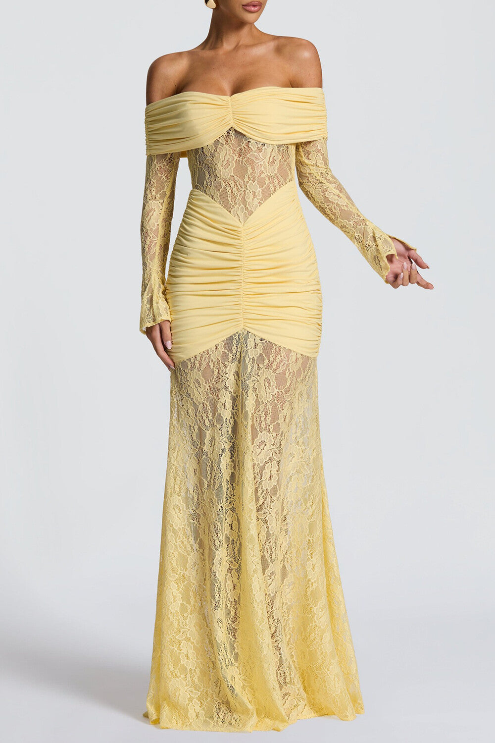 Off Shoulder Lace Patchwork Ruched Maxi Dress - View 6 | Lwiis