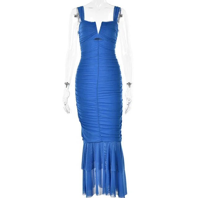 Mermaid Ruched Mesh Maxi Dress - View 9 | Lwiis
