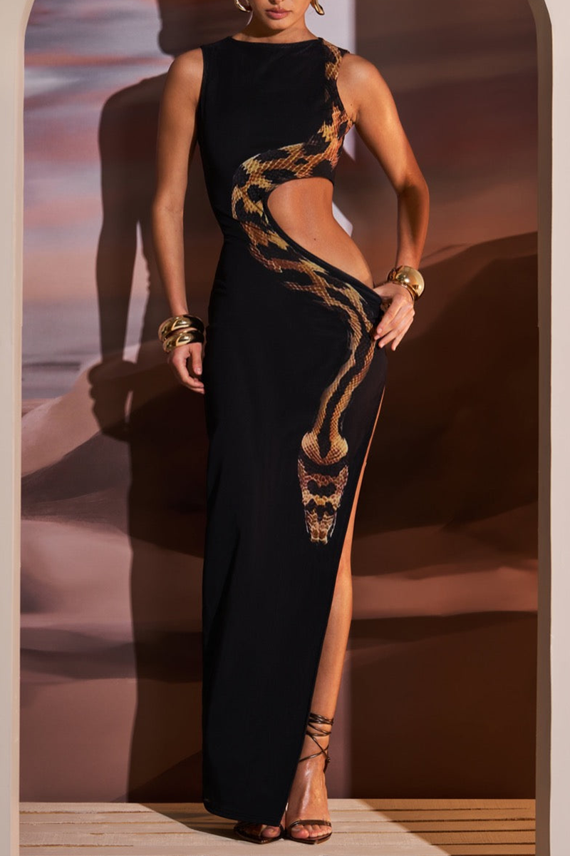 Woman wearing a black sleeveless maxi dress with a high neckline, cut-out details on the sides, a thigh-high slit, and a prominent snake print design wrapping around the bodice and skirt.