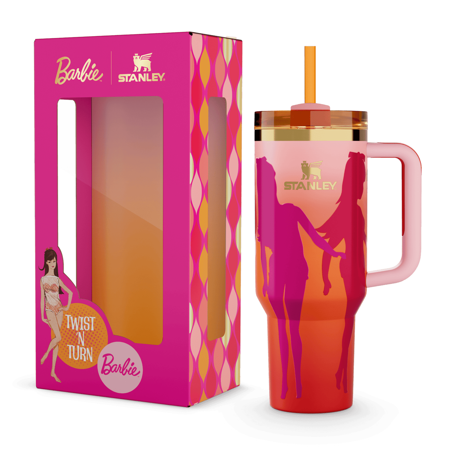 Stanley Barbie Collection 40 oz Quencher Tumbler in its packaging.