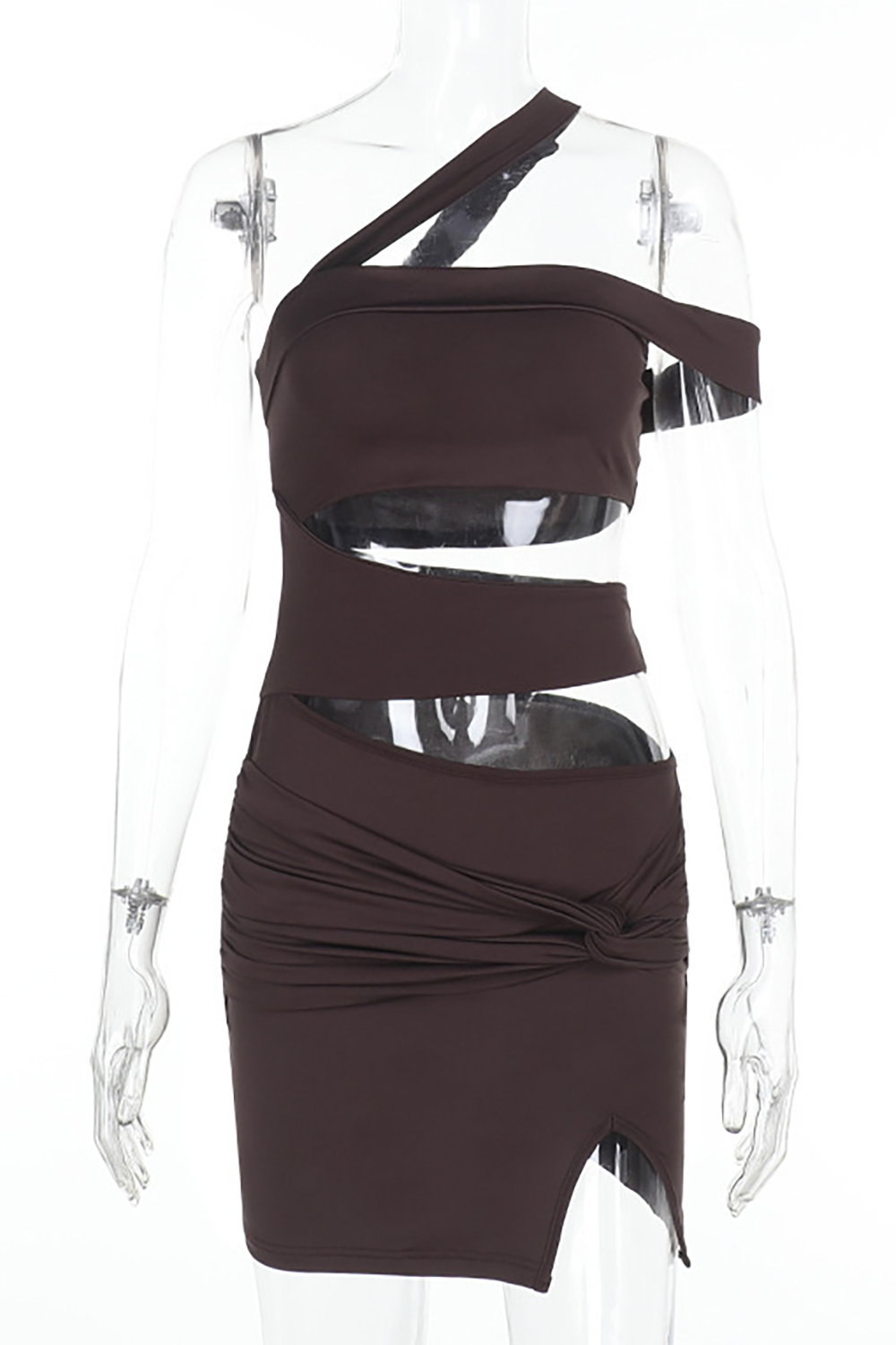 One Shoulder Ruched Slit Mini Dress - View 7 | Lwiis