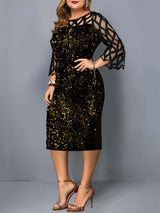 Woman wearing a black sequined sheath dress with sheer geometric mesh bell sleeves