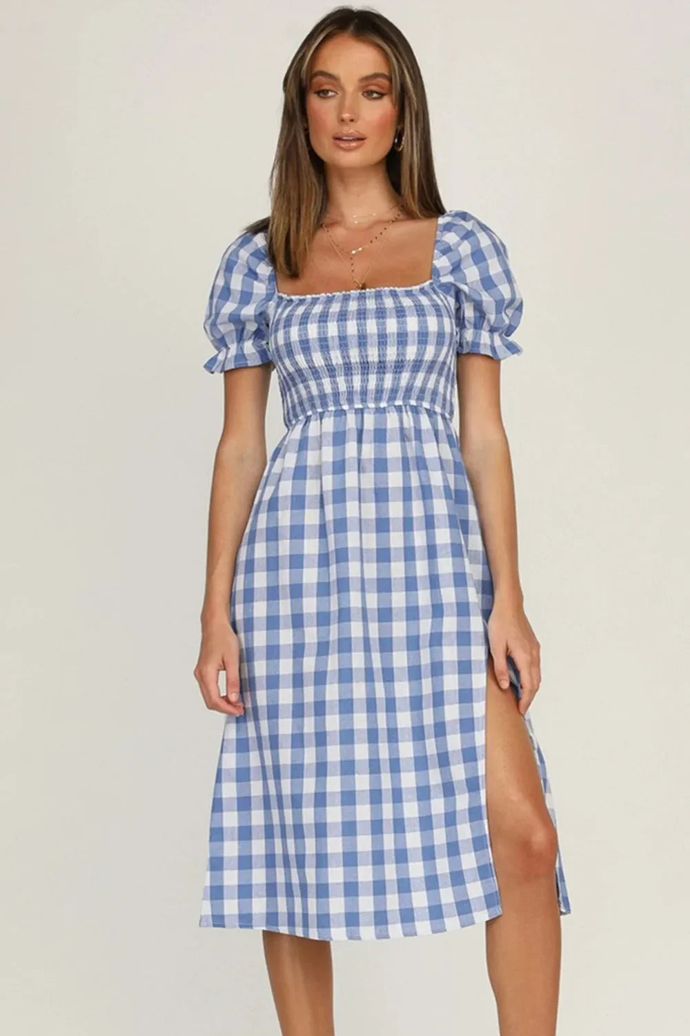 Plaid Midi Dress with Puff Sleeves - View 10 | Lwiis