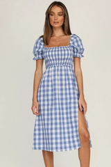 Plaid Midi Dress with Puff Sleeves - View 10 | Lwiis