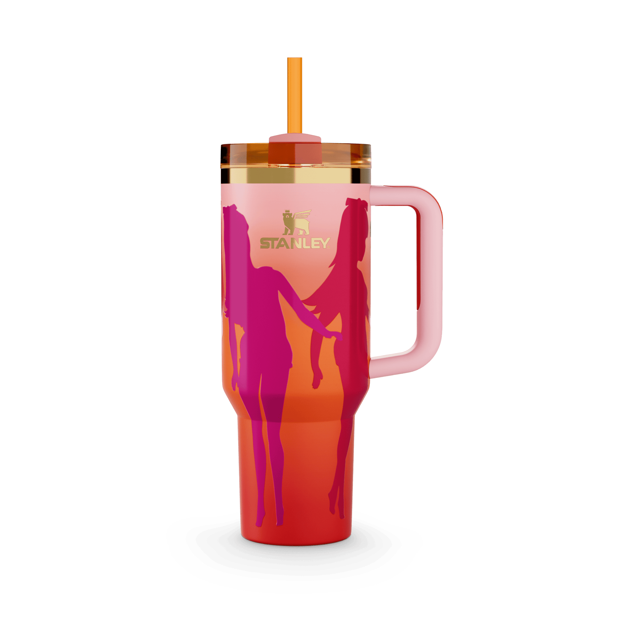 Stanley Barbie Collection 40 oz Quencher Tumbler with straw and handle, featuring a gradient design with silhouetted figures.