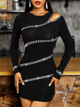 Woman wearing a black long-sleeved bodycon mini dress with diagonal rhinestone embellishments and an asymmetrical cut-out neckline.