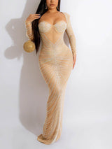 Mesh Embellished Long Sleeve Gown - View 13 | Lwiis