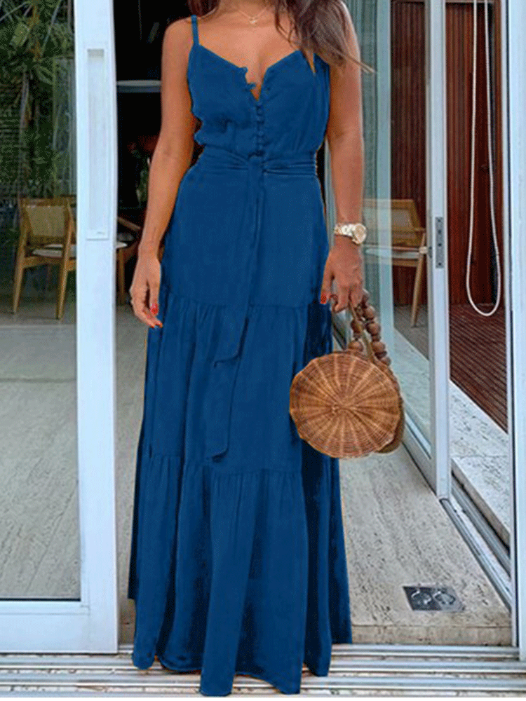 Spaghetti strap maxi dress with tiered skirt and button-down front - View 8 | Lwiis