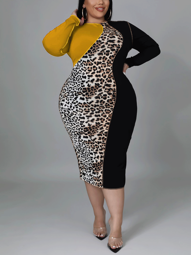 Colorblock Leopard Midi Dress - View 6 | Lwiis