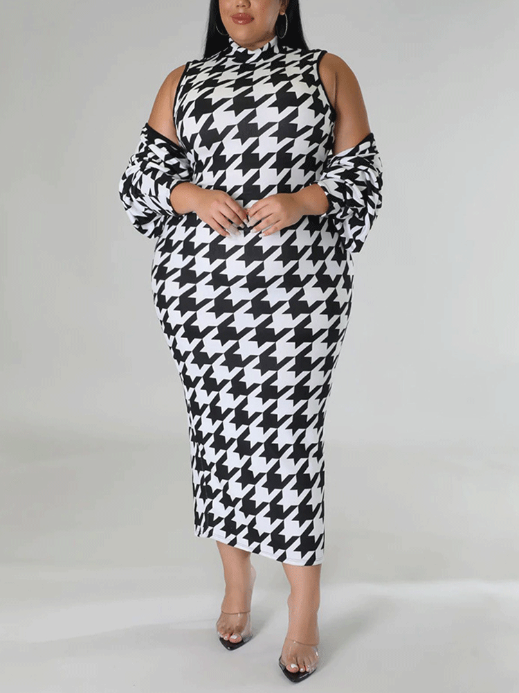 Plus size black and white houndstooth print mock neck midi dress with matching jacket
