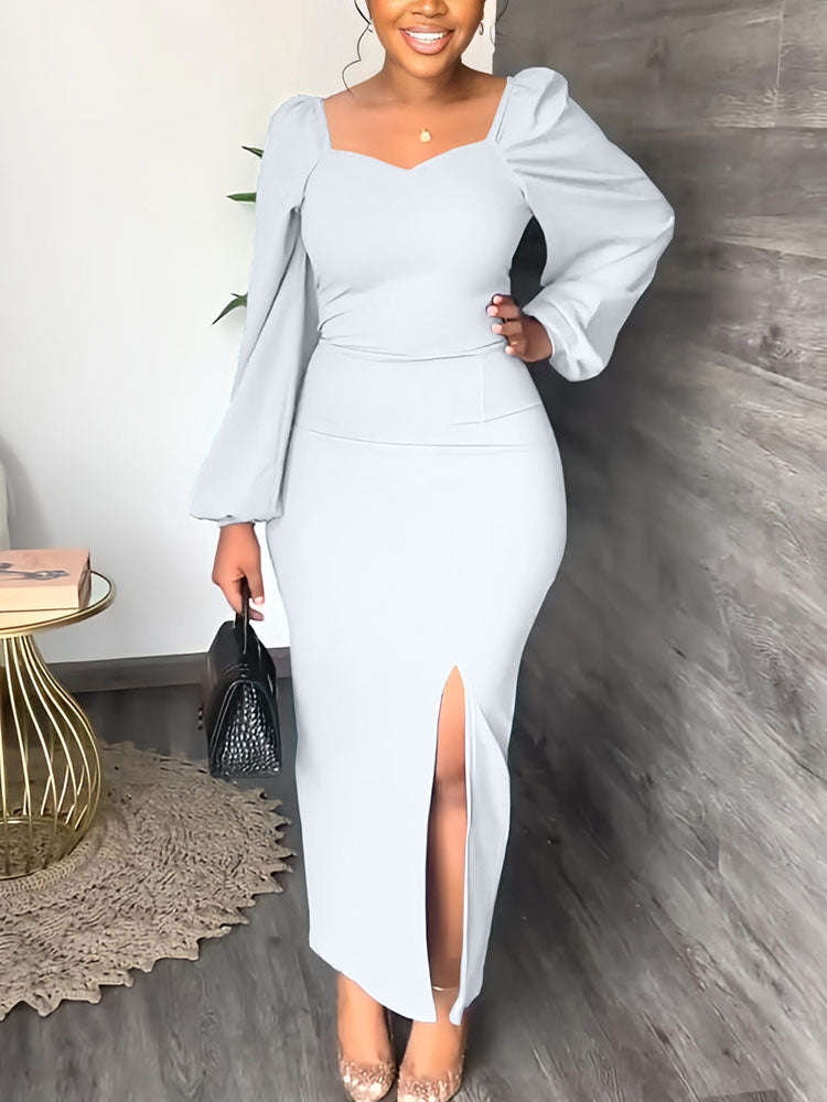 Elegant maxi dress with puff sleeves and square neckline in crepe fabric - View 11 | Lwiis