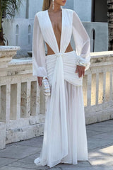 Elegant maxi dress with deep V-neck, cutout waist, and lantern sleeves - View 6 | Lwiis